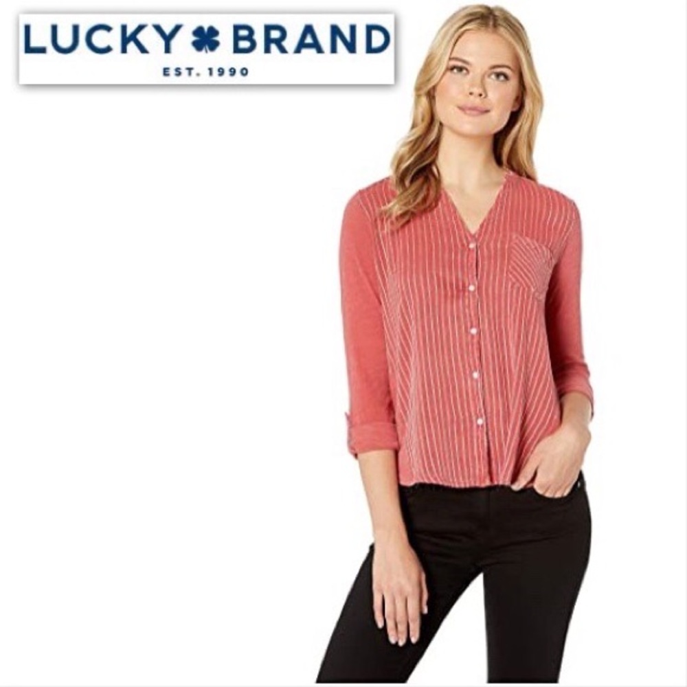 NWT Lucky Brand Gauze Mix Henley Top